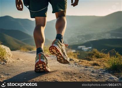 Close up male legs walking on nature mountain path.