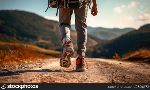 Close up male legs walking on nature mountain path.