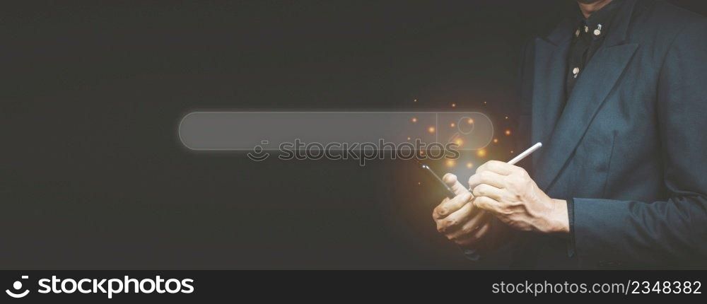 close up man hand using smartphone to use search engine optimization  SEO  tools for finding customer or promote and advertise about content online for marketing technology and business concept