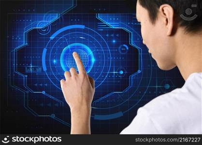 close up man using smart touch screen server