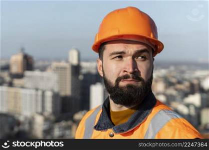 close up man wearing protection helmet