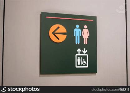 Close up man, woman and disable washroom logo on wall