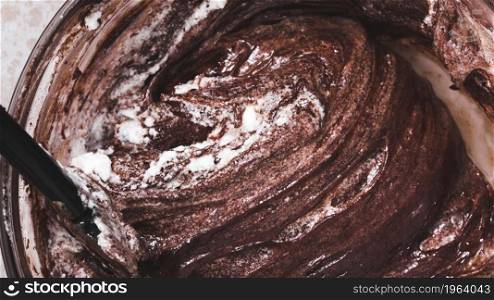 close up mixed chocolate cake dough bowl. High resolution photo. close up mixed chocolate cake dough bowl. High quality photo