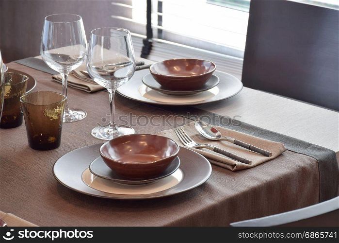 Close up modern classic dining set on wooden dining table