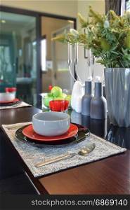 Close up modern dining set on wooden dining table
