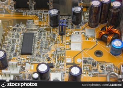 Close-up mother board. High technology industry.