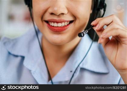 Close-up mouth of Cheerful Asian woman wear headset smiling during video call stream conference to working online while during quarantine covid-19 self isolation at home, work from home concept