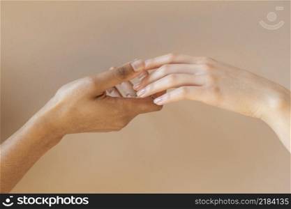 close up multicultural hands hold