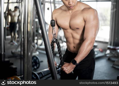 Close up muscular man is exercise in fitness gym