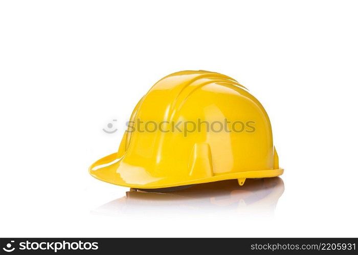 Close up new yellow construction safety helmet. Studio shot isolated on white background