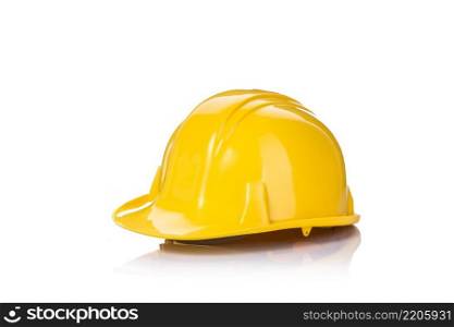 Close up new yellow construction safety helmet. Studio shot isolated on white background