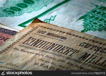 close up of 100 billion value german mark bank note