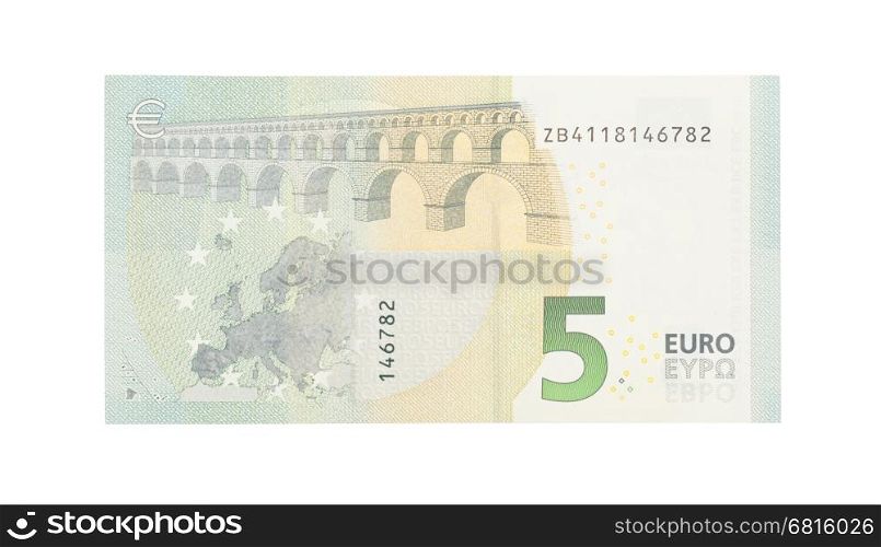 Close-up of a 5 euro bank note, isolated