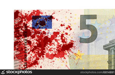 Close-up of a 5 euro bank note, isolated, stained with blood