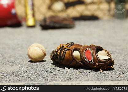 Close-up of a ball and a baseball glove