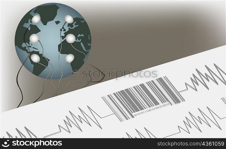 Close-up of a bar code on a pulse trace connected to a globe