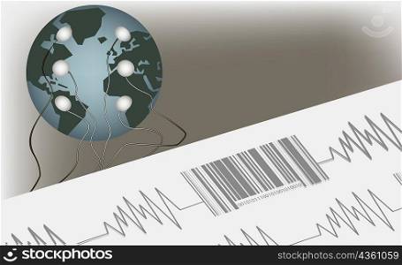 Close-up of a bar code on a pulse trace connected to a globe