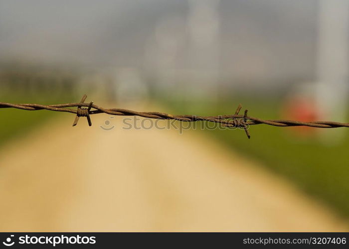 Close-up of a barbed wire fence on a farm