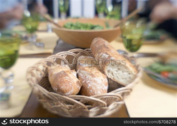 Close-up of a basket of bread on a dining table