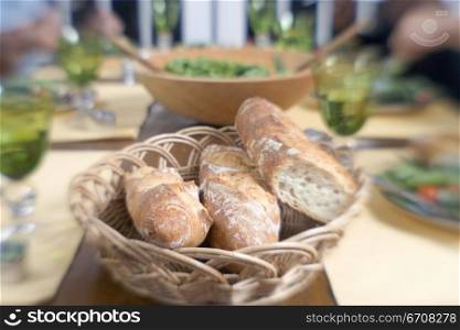 Close-up of a basket of bread on a dining table
