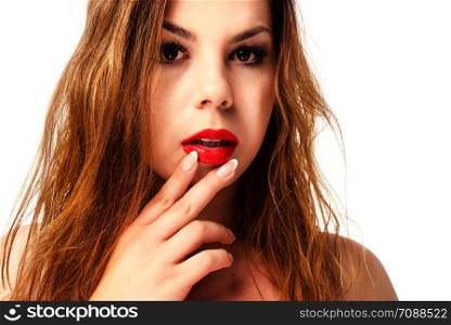 Close up of a beautiful and sensual young woman portrait with long hair and perfect fingernails (vintage effect).