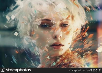 Close up of a beautiful cyberspace female face in a chaotic surreal style created with generative AI technology