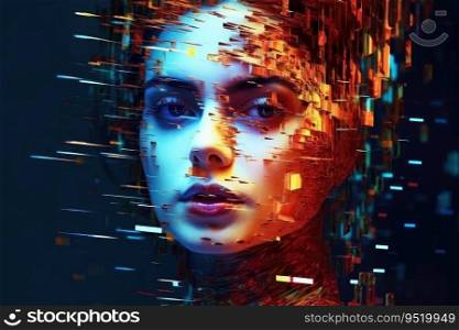 Close up of a beautiful cyberspace female face in a chaotic surreal style created with generative AI technology