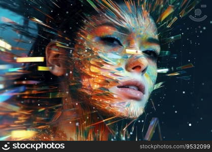 Close up of a beautiful cyberspace female face in a chaotic surreal style created with generative AI technology