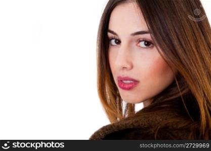 Close up of a beauty brunette women on a white background