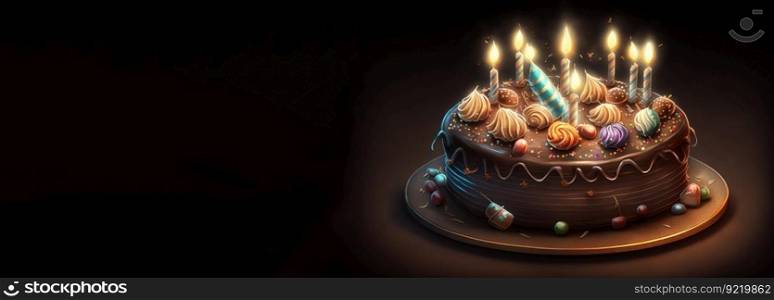 Close-up of a birthday cake with burning candles on a dark background, isolate. AI generated. Decorated dessert for birthday or anniversary. Header banner mockup with space.. Close-up of a birthday cake with burning candles on a dark background, isolate. AI generated.