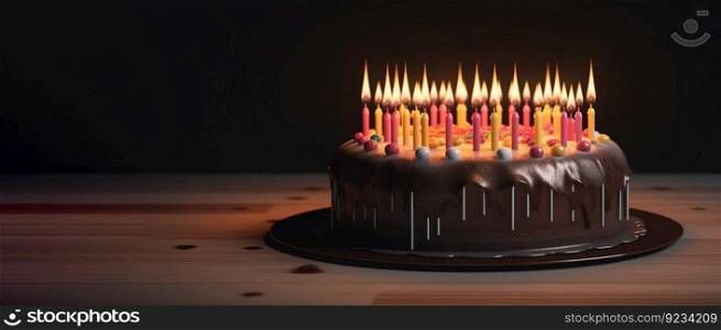 Close-up of a birthday cake with burning candles on a dark background, isolate. AI generated. Decorated dessert for birthday or anniversary. Header banner mockup with space.. Close-up of a birthday cake with burning candles on a dark background, isolate. AI generated.