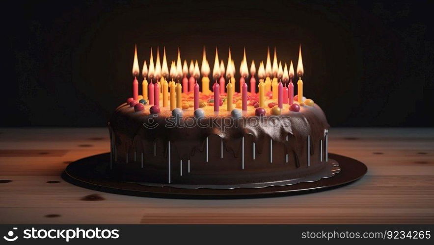 Close-up of a birthday cake with burning candles on a dark background, isolate. AI generated. Decorated dessert for birthday or anniversary.. Close-up of a birthday cake with burning candles on a dark background, isolate. AI generated.