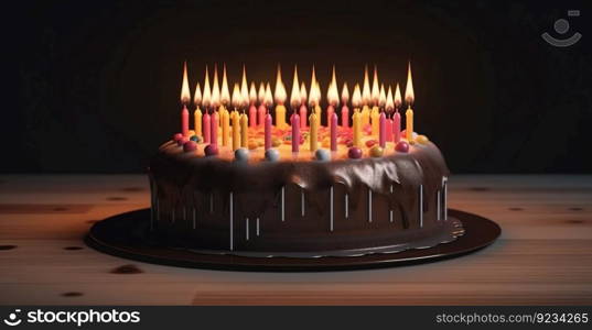 Close-up of a birthday cake with burning candles on a dark background, isolate. AI generated. Decorated dessert for birthday or anniversary.. Close-up of a birthday cake with burning candles on a dark background, isolate. AI generated.