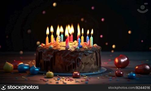 Close-up of a birthday cake with burning candles on a dark background, isolate. AI generated. Decorated dessert for birthday or anniversary.. Close-up of a birthday cake with burning candles on a dark background, isolate. AI generated.