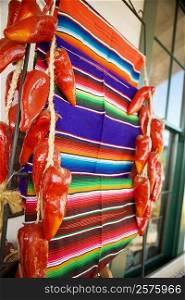 Close-up of a blanket hanging in the middle of artificial chilies, San Diego, California, USA