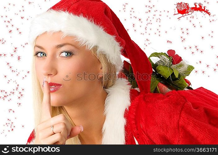 close up of a blond santa clause asking everybody to be in silence