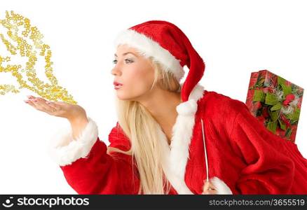 close up of a blond santa clause blowing on star dust in hand