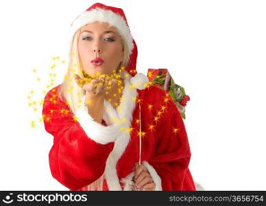 close up of a blond santa clause blowing stardust from her hand