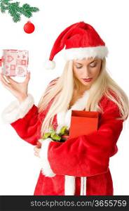 close up of a blond santa clause looking inside a gift box
