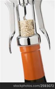Close-up of a bottle with a corkscrew