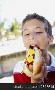 Close-up of a boy eating a hot dog