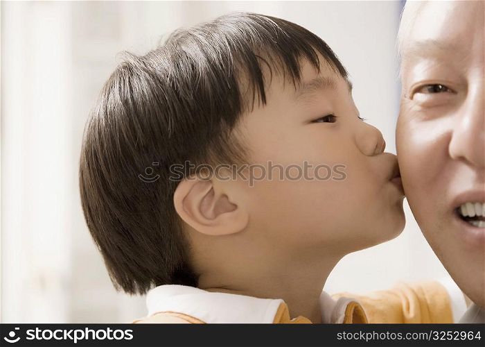 Close-up of a boy kissing his grandfather