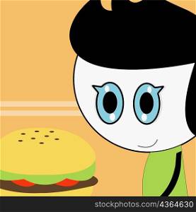 Close-up of a boy looking at a burger