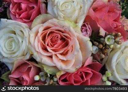 Close up of a bridal bouquet with pink and white roses