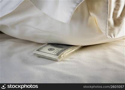 Close-up of a bundle of one hundred dollar bills on the bed