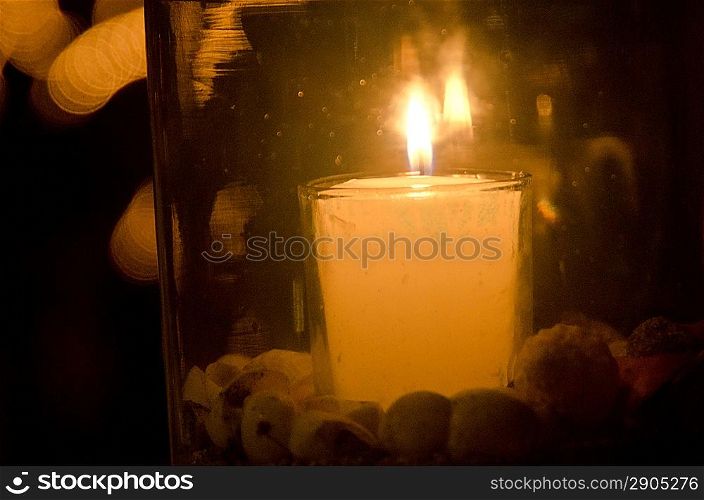 Close-up of a burning candle in a glass jar, Sayulita, Nayarit, Mexico