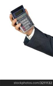 Close-up of a businessman holding a calculator