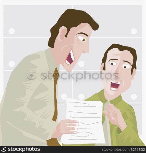 Close-up of a businessman holding a document and talking to another businessman