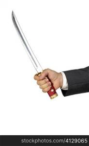 Close-up of a businessman holding a sword