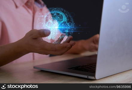 Close-up of a businessman in a shirt sitting at a table holding a brainstorming icon. Abstract design inspired by innovative business ideas and creative problem solving. successful office business